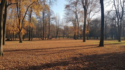 Sunny autumn day with beautiful orange fall foliage in the park, ground covered in dry fallen leaves lit by bright sunlight
