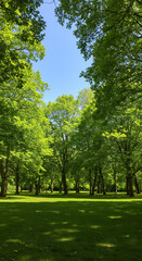 Fototapeta premium Verdant Canopy: A Sun-Kissed Meadow Under a Lush Forest Sky. Tranquil Nature Scene.