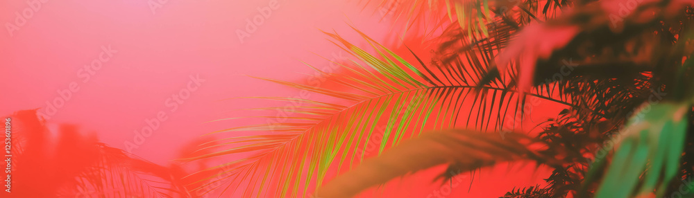Poster bright view under a palm tree with vibrant neon orange highlights and a colorful background