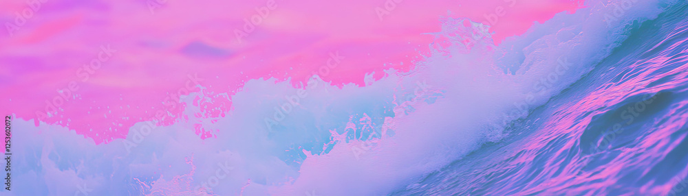 Poster waves crash on the shore with neon foam highlights in a vibrant backdrop