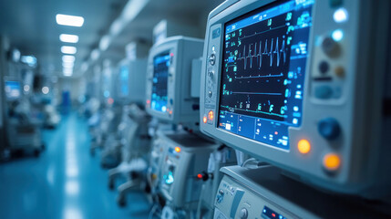 Hospital interior featuring a high-tech ICU with digital monitors and ventilators