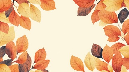 Fototapeta premium Top and bottom border of autumn leaves in orange and yellow tones