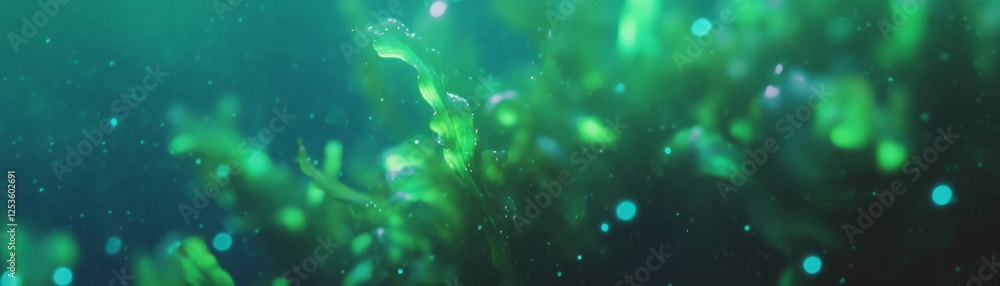Poster wet seaweed with neon green highlights on the shore creating a vibrant natural display