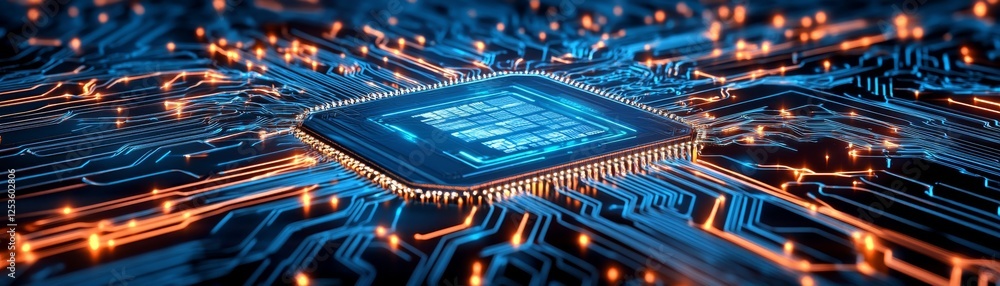 Poster intricate closeup, exploring the complex circuitry and electronic components of a modern computer ch