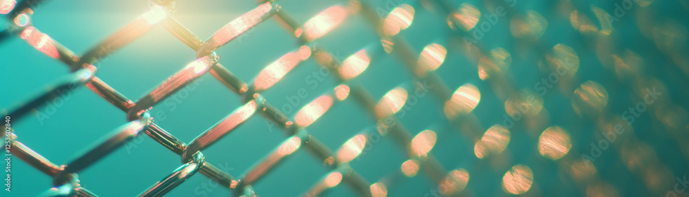 Poster Woven metal mesh with intricate patterns showcasing light reflections and bright background design