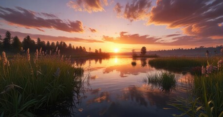 Obraz premium Vibrant sunset over tranquil lake with lush reed flowers, serene atmosphere, sunset