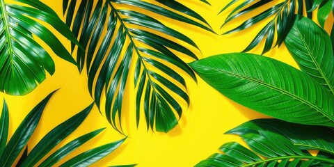 Fototapeta premium Vibrant tropical palm leaf contrasting with bright yellow background, tropical leaves on yellow, vibrant, vibrant contrast