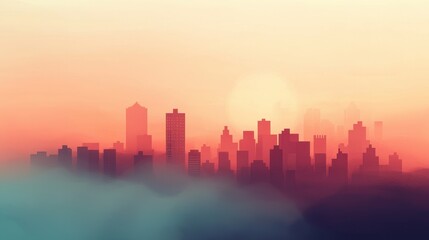 Obraz premium Serene Silhouette of a Modern Cityscape at Sunrise Over Fog