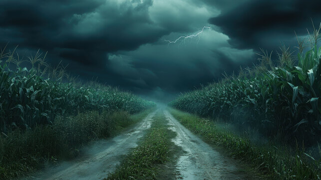 Dark stormy sky over rural road lined with cornfields and dramatic lightning in mysterious atmospheric landscape