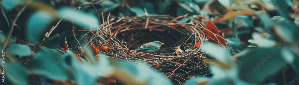 Poster bird's nest crafted from twigs and leaves resting among lush greenery in a serene environment