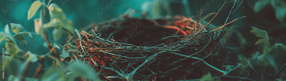 Poster Bird's nest crafted from twigs and leaves with halftone texture in a grunge backdrop