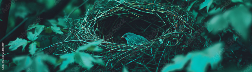 Poster nest woven from twigs and leaves with halftone texture against a grunge background