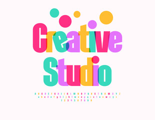 Vector Festive emblem Creative Studio. Children Colorful Font. Bright Fashion Alphabet Letters and Numbers.