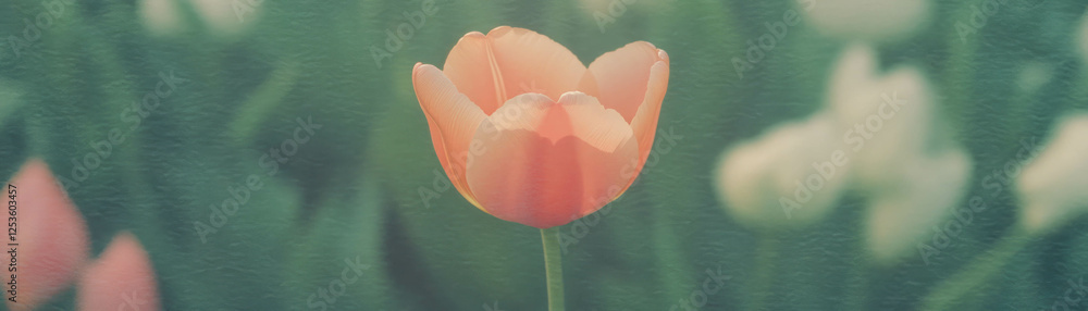 Poster Blooming tulip with smooth petals and grunge background creating a halftone texture