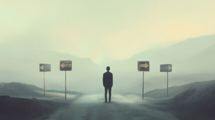 Man at crossroads facing decision on choosing the right path in a foggy landscape, symbolizing life choices and direction for personal growth