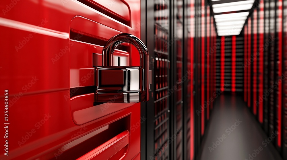 Poster secure server room with padlock on red rack cabinet and data center servers