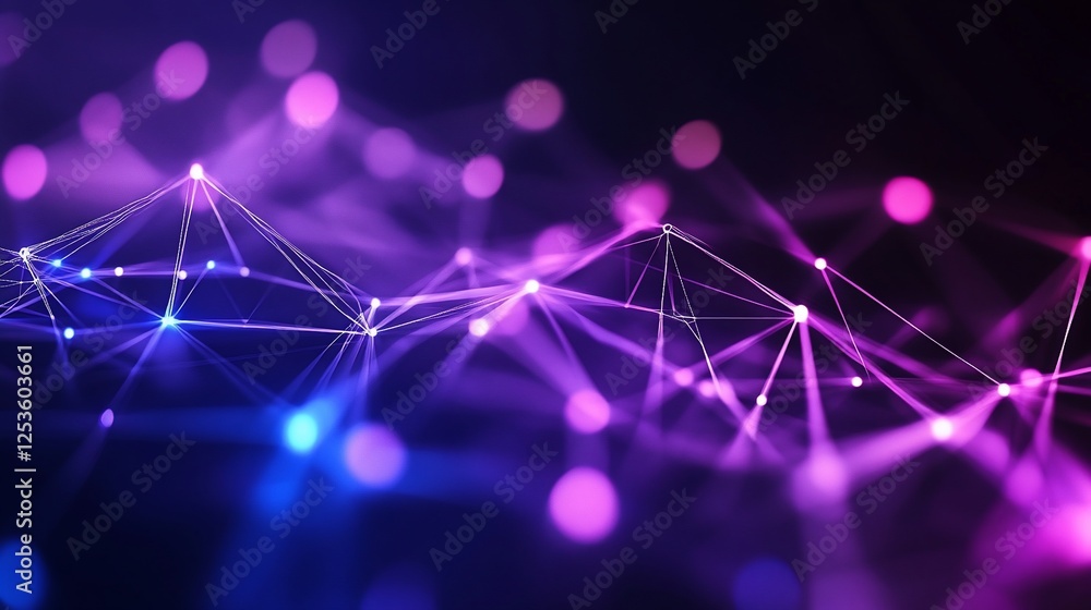 Poster abstract network of lines and points with purple and blue bokeh light effects