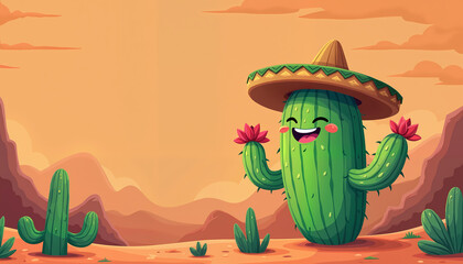 Smiling green cactus wearing sombrero with flowers in desert landscape at sunset