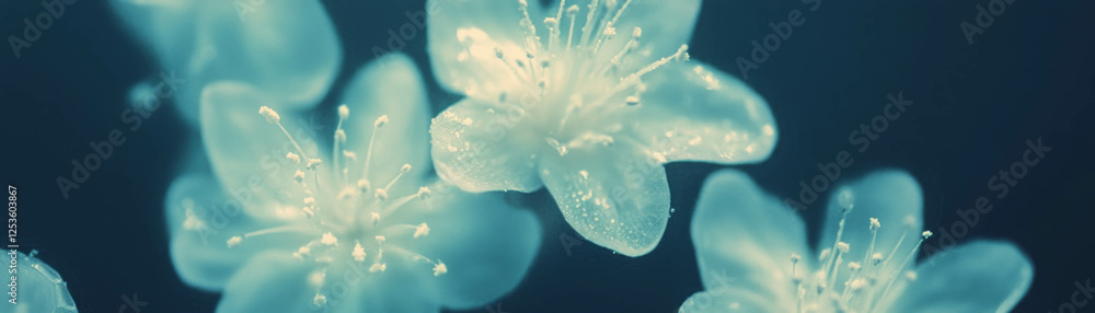Poster close-up view of colorful flower stamens covered in pollen with halftone texture effect