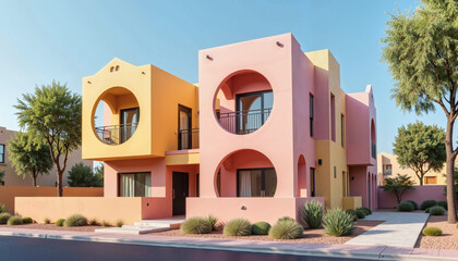 Fototapeta premium Colorful Mediterranean-style modern houses with round windows in desert setting