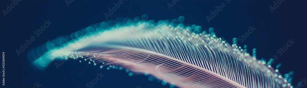 Poster close-up shot of a feather showcasing delicate barbs and halftone texture in detail