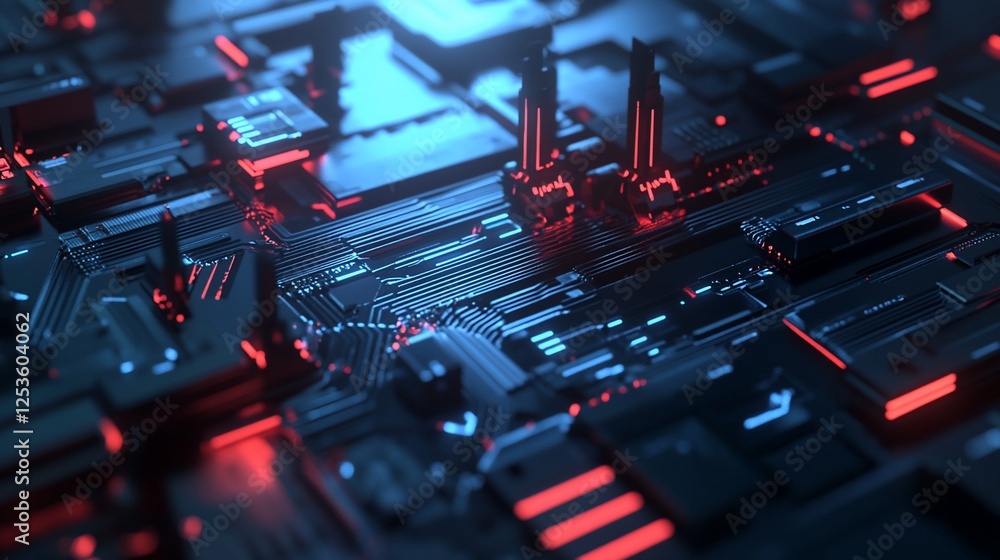Poster abstract futuristic technology circuit board with glowing red and blue lights 3d rendering