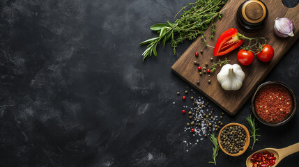 Fresh aromatic spices and ingredients on dark background perfect for culinary blogs, restaurant menus, and food presentation designs. Copy space
