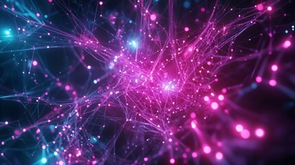 Abstract network of glowing purple and blue dots connected by lines on dark background