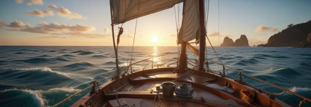 Una barca a vela se mantiene estable en el medio del mar, su velamen flotando libremente al sol y las olas , boat on water, wave
