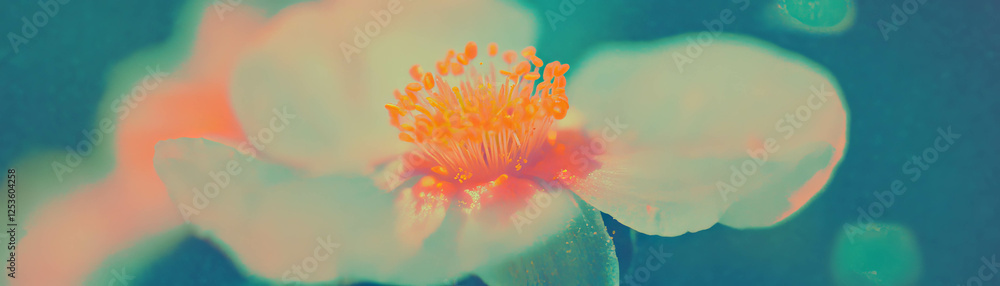 Poster close-up view of a flower's center showcasing vibrant pollen and stamens in halftone texture
