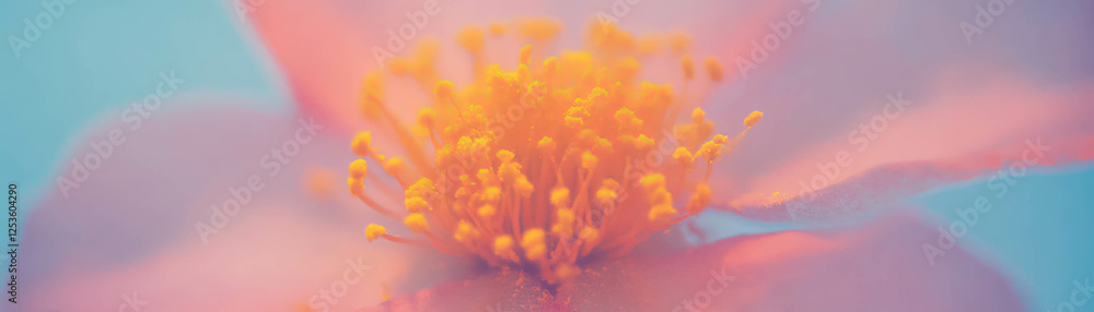 Poster close-up view of a flower's center showcasing pollen and stamens with halftone texture