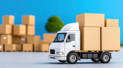 White delivery truck transporting cardboard boxes in a warehouse setting with a clear blue background