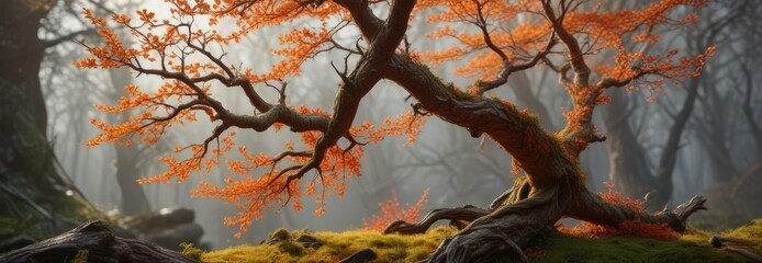 Twisted tree branch with vibrant orange moss growth, greenery, tree branch, verdant