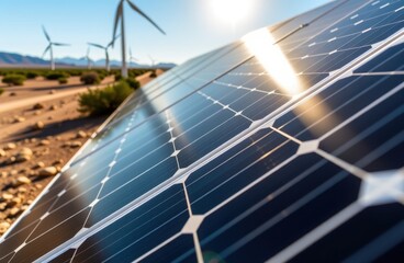 A stunning landscape featuring a large solar farm with rows of reflective blue solar panels harnessing sunlight, complemented by towering white wind turbines generating clean energy