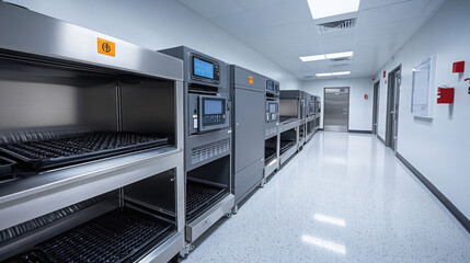 Medical equipment sterilization area with machines and neatly organized trays