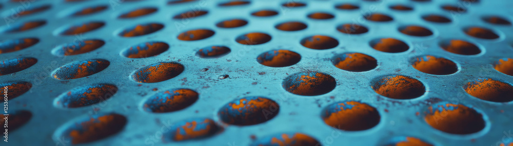 Fototapete Close-up of textured metal surface with rust and halftone dots creating a unique pattern
