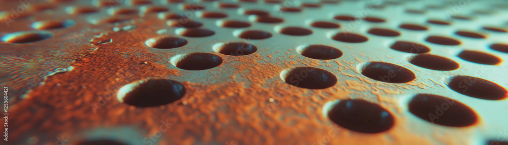Poster Close-up view of a textured metal surface featuring rust and halftone dots for depth