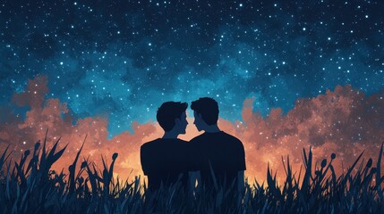 Romantic Silhouette of Two People Under a Starry Night Sky