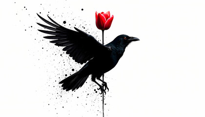 Fototapeta premium Dark crow with a red tulip and ink splashes on a white background