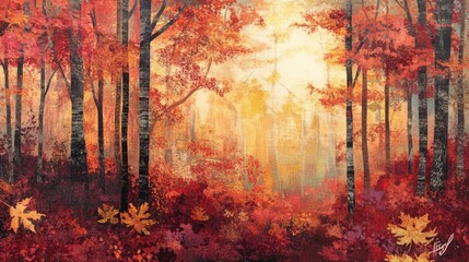 Fototapeta premium Vibrant autumn forest filled with red, orange, and gold hues as sunlight filters through the leaves