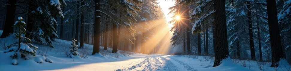 Sunlight breaks through the canopy of dense trees in a snowy forest, shade, evergreen