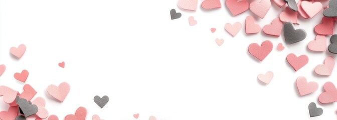 Heart confetti border on white background