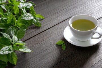 Fresh Green Tea in White Cup with Leafy Surround on Wooden Table