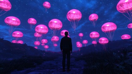 Obraz premium Surreal Landscape with Floating Pink Jellyfish in Starry Night Sky