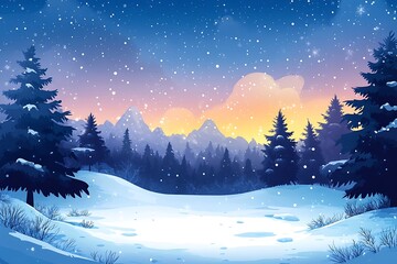 Naklejka premium Peaceful Winter Hills Evening Landscape