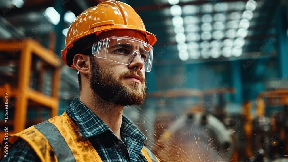 Poster industrial engineer wearing safety glasses and hardhat visualizing digital data and analyzing hologr
