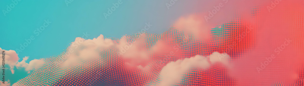 Poster Close-up view of textured clouds against a vibrant sky with halftone effect