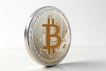Close-Up of Detailed Bitcoin Coins in Shimmering Gold and Platinum Finishes on a White Background, Ideal for Representing Cryptocurrency Themes, Digital Investment, and Modern Finance Concepts