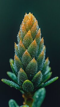 HD Phone Wallpaper Dew Covered Pine Cone Close Up Vibrant Green and Orange Conifer Macro Photography