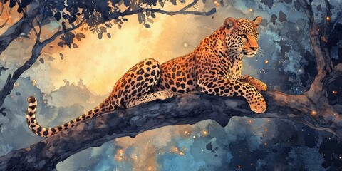 Leopard resting on tree branch in vibrant twilight setting